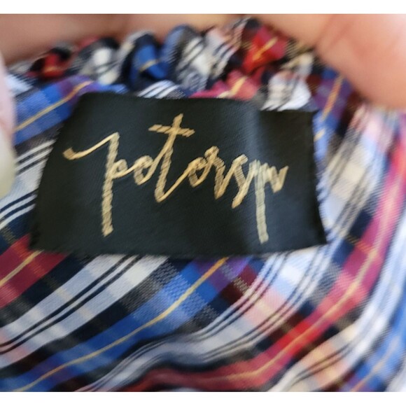 Petersyn Roxie Blouse Ruffle Off-Should Size Small Red Blue White Plaid Milkmaid - Picture 5 of 8
